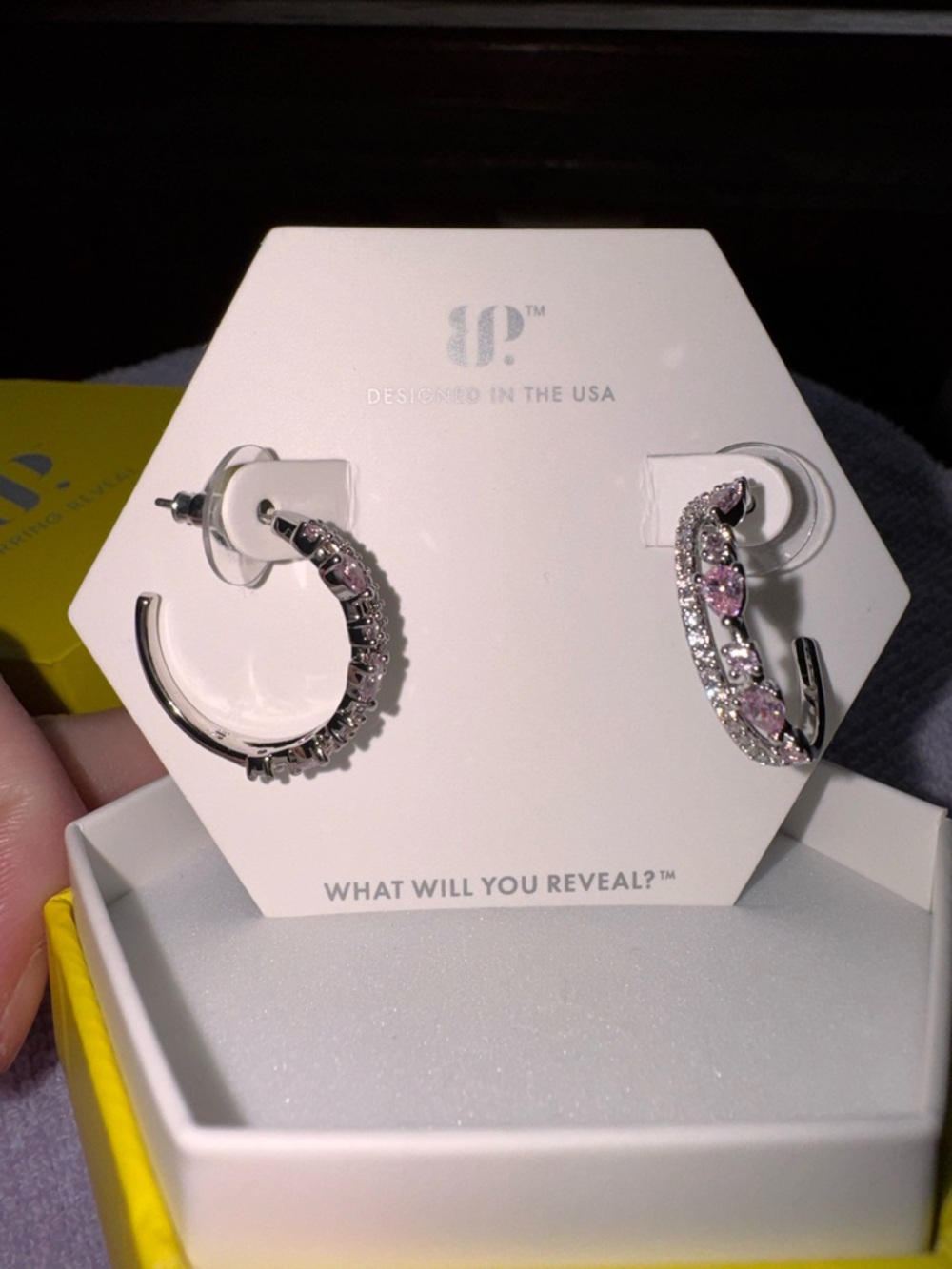 bp Silver-Tone Half Hoop Earrings with Pink and Clear Stones